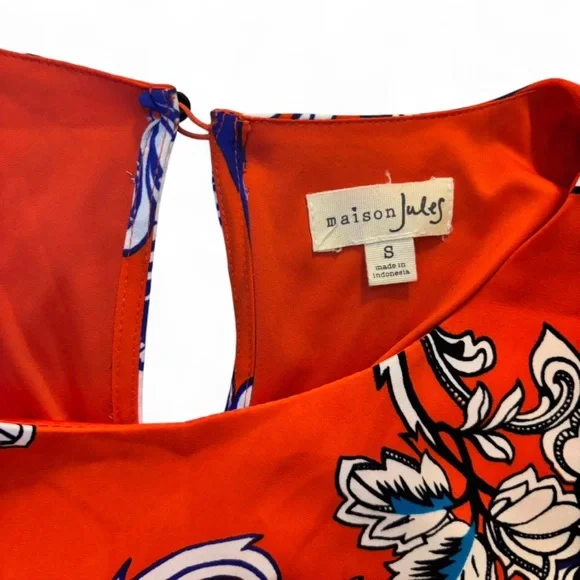 NWT Maison Jules Small Floral Sleeveless Dress in Orange and Blue Game Day Flowy - Picture 3 of 7
